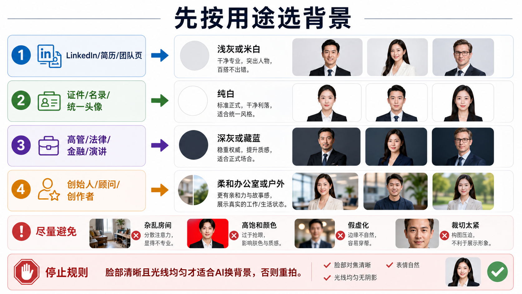 职业头像背景路线图，按 LinkedIn、简历、目录、正式场景和个人品牌选择背景