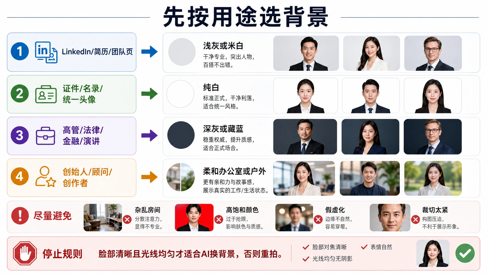 职业头像背景路线图,按 LinkedIn、简历、目录、正式场景和个人品牌选择背景