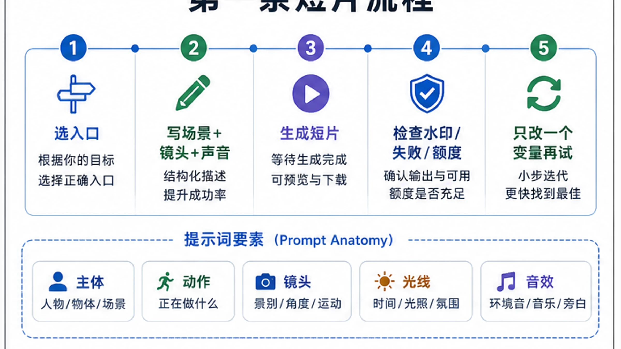 第一条短片流程:选入口、写场景镜头声音、生成短片、检查水印失败额度,再只改一个变量重试
