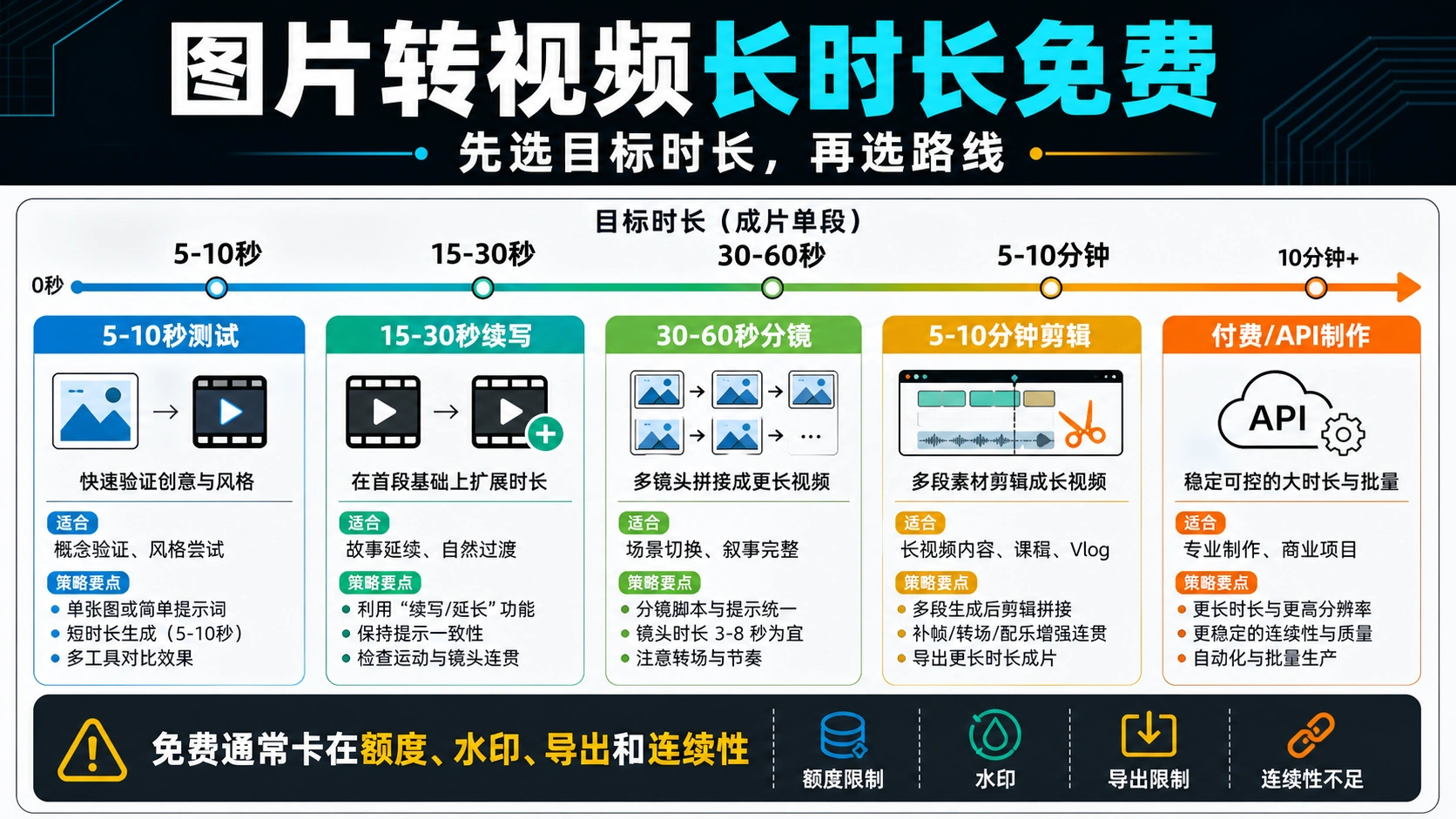 图片转视频长时长免费的路线板,展示短片测试、续写、分镜、剪辑拼接、付费和 API 制作的区别