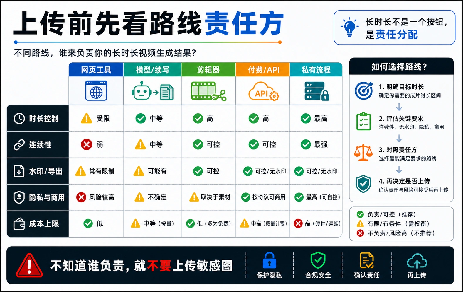 路线责任方矩阵:比较网页工具、模型续写、剪辑器、付费 API 和私有流程对时长、连续性、水印、隐私和成本的控制