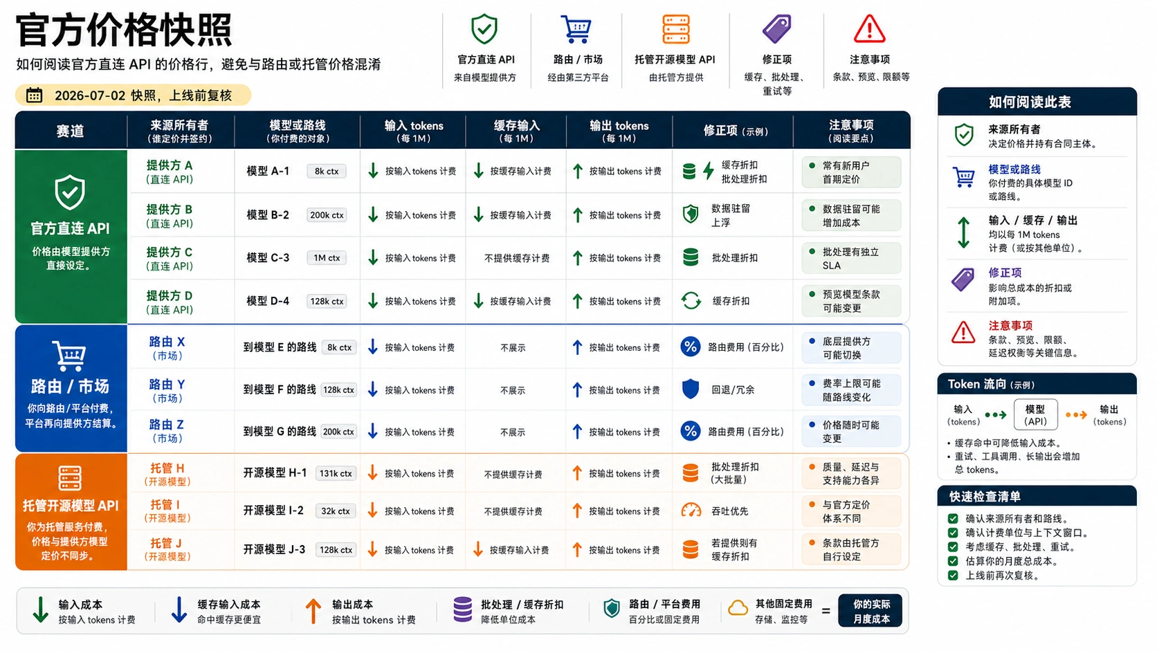 Official LLM API price snapshot board with owner, route, unit, checked date, and caveat fields