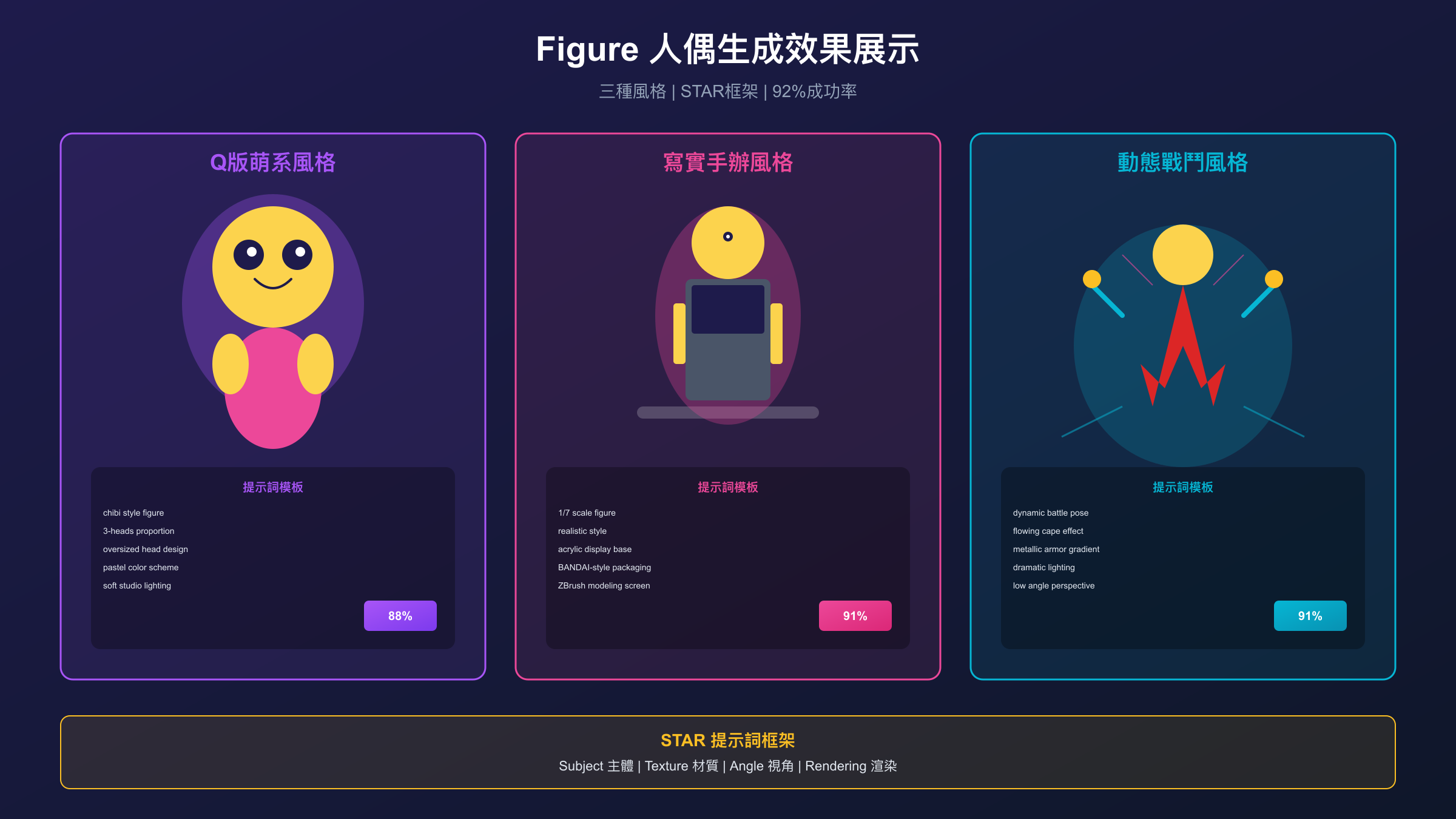 Nano Banana Figure人偶生成效果展示，包含Q版、寫實和戰鬥姿態三種風格