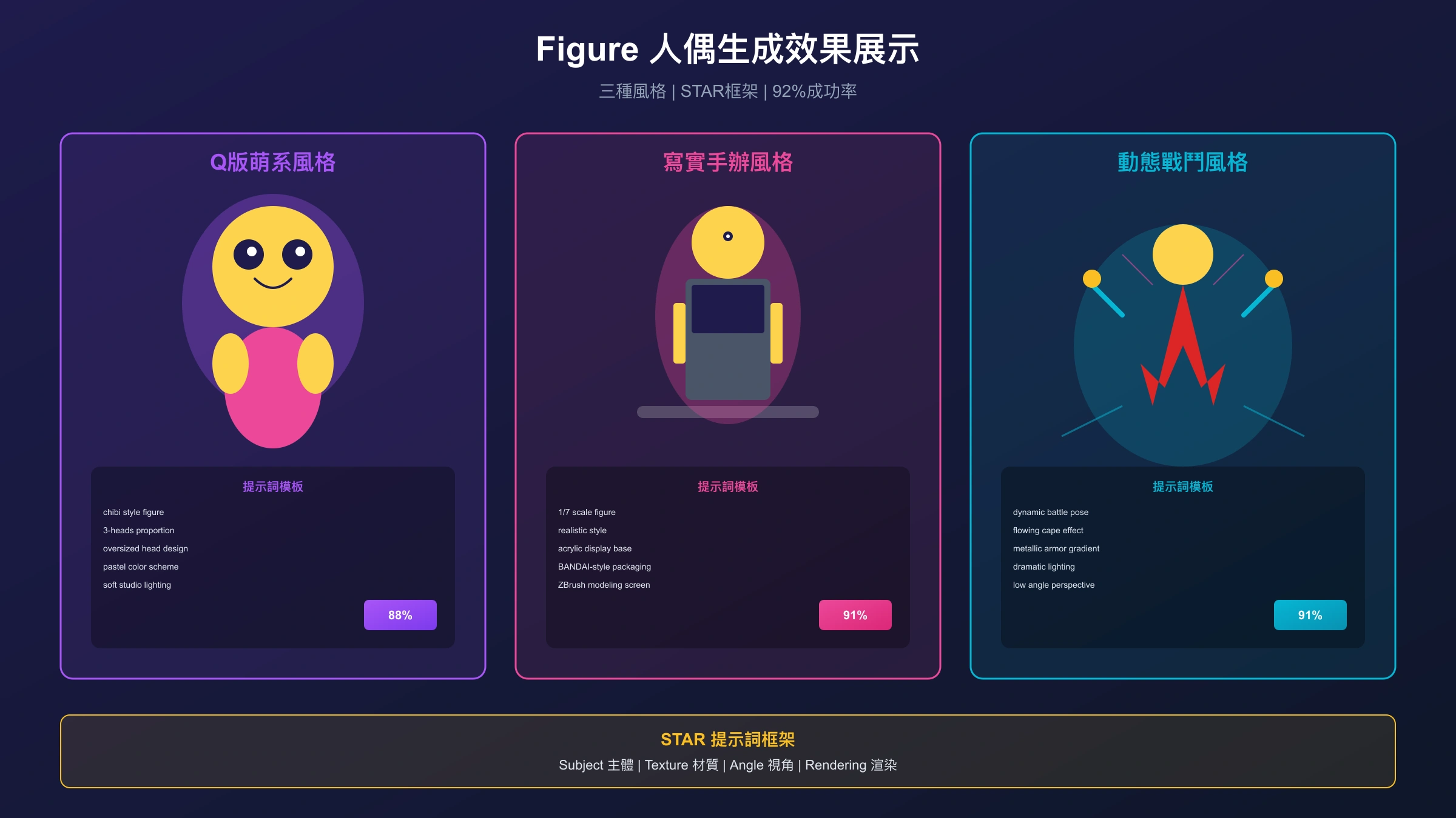 Nano Banana Figure人偶生成效果展示,包含Q版、寫實和戰鬥姿態三種風格