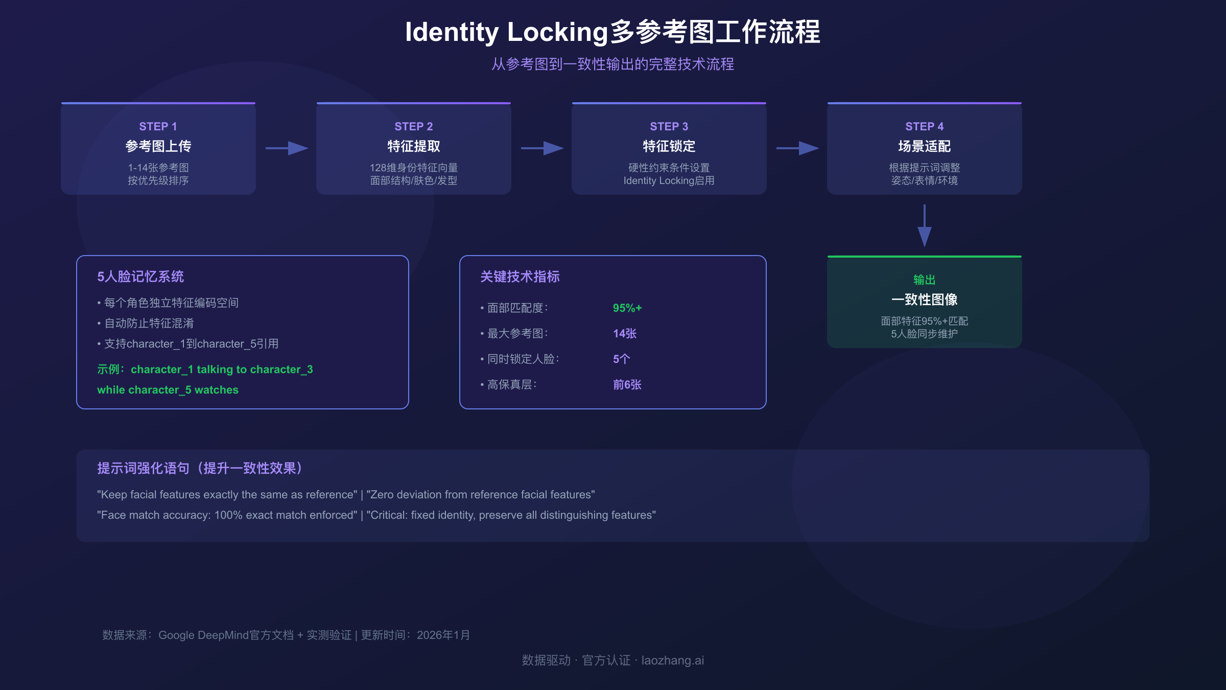 Identity Locking多参考图工作流程图：从参考图到一致性输出的完整技术流程