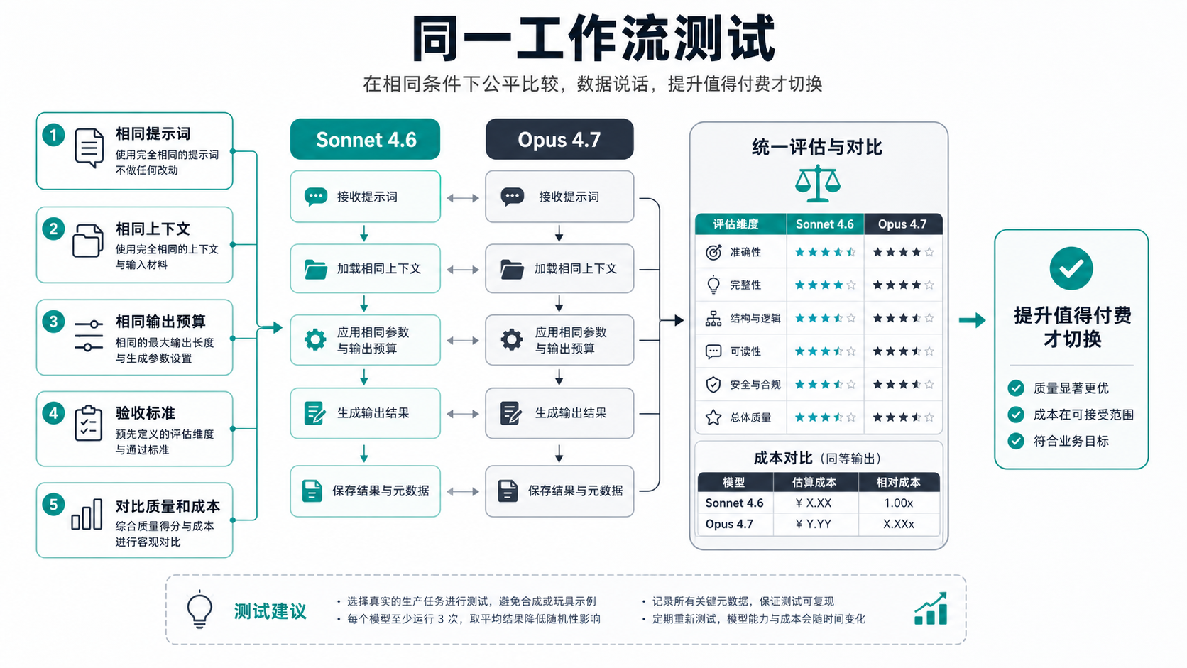 同一工作流测试流程，用相同提示、上下文、输出预算和验收标准比较 Sonnet 与 Opus
