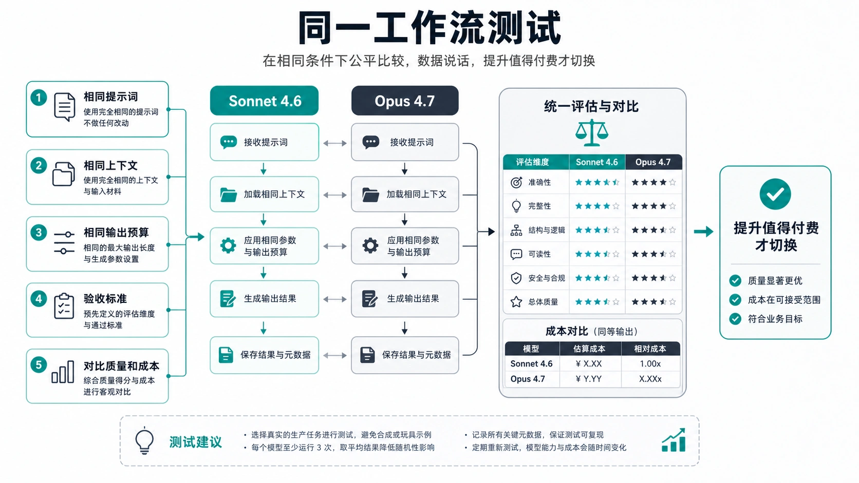 同一工作流测试流程，用相同提示、上下文、输出预算和验收标准比较 Sonnet 与 Opus