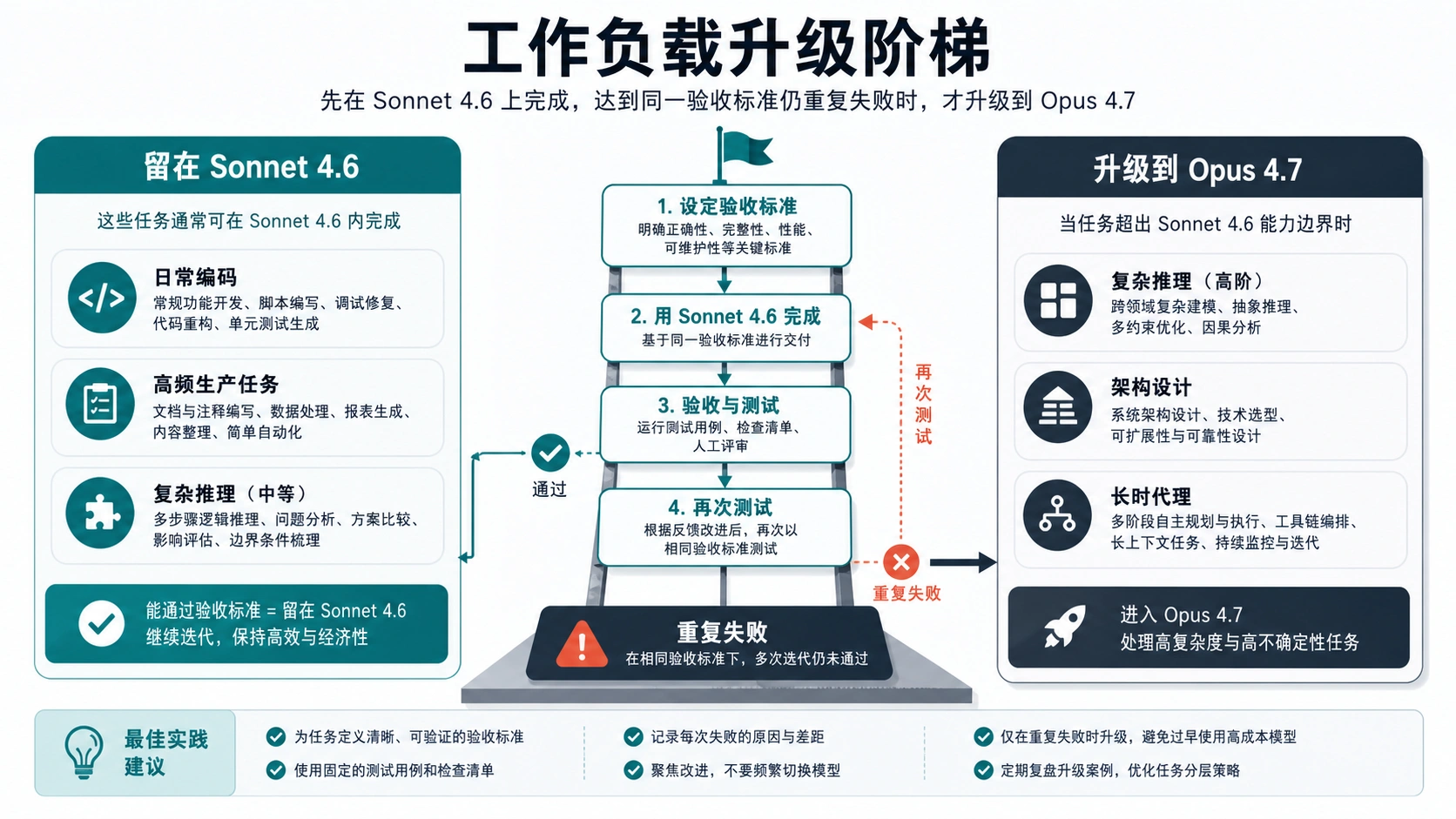 工作负载升级阶梯，展示哪些任务留在 Sonnet 4.6，哪些任务升级到 Opus 4.7