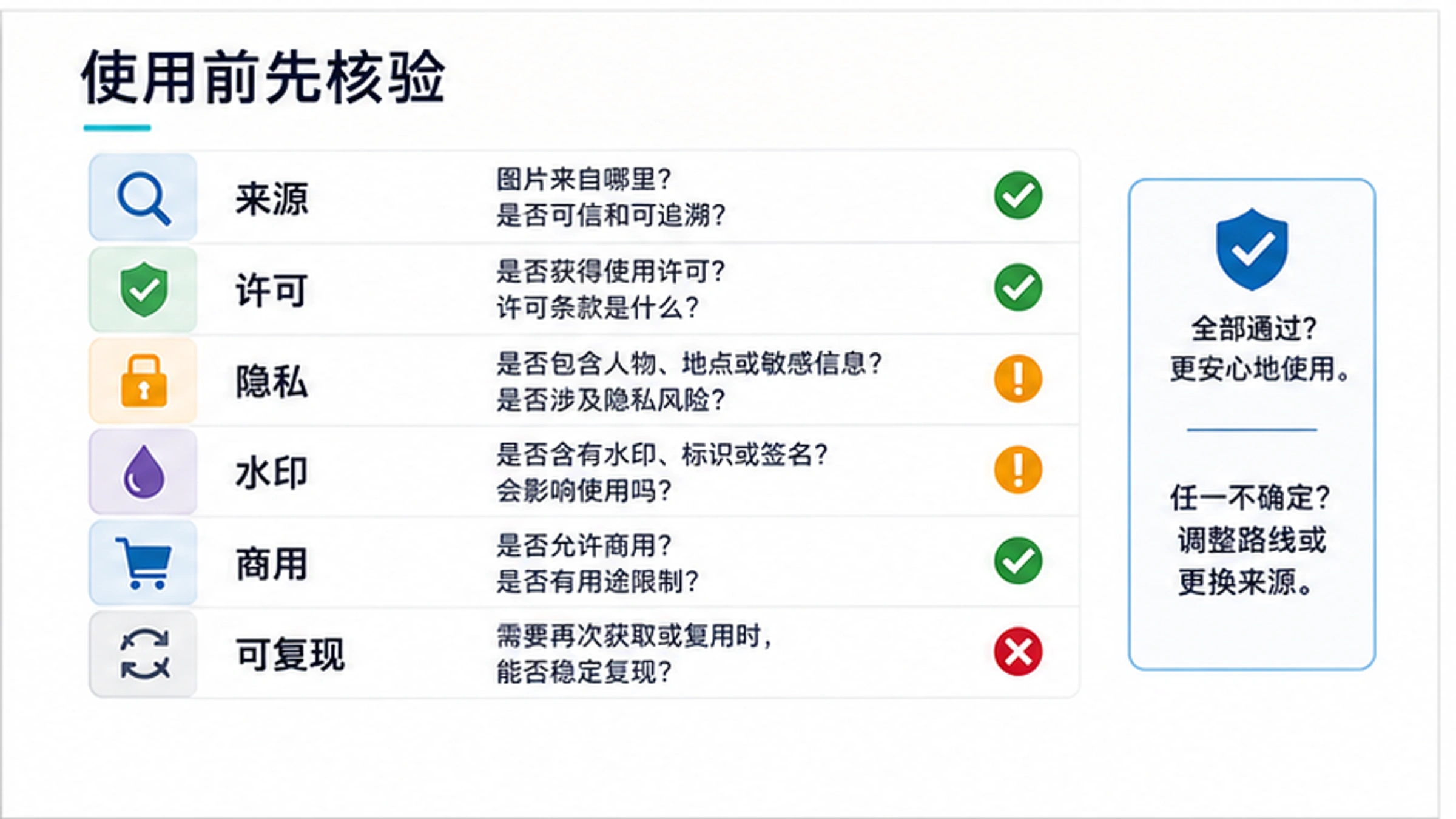 复用随机图片前核验来源、授权、隐私、水印、商用和可复现性的清单图