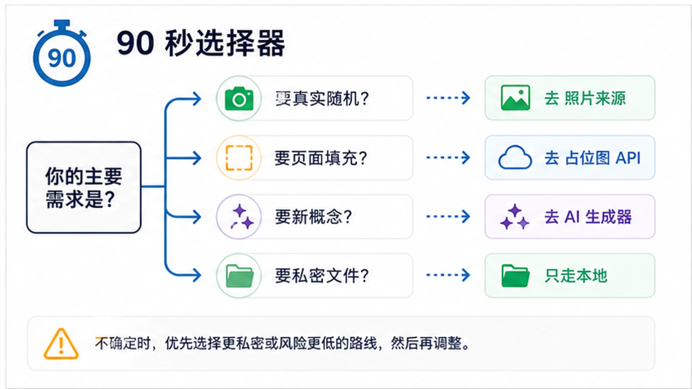 把灵感、写作、开发占位、本地照片和 AI 新图分流的决策流程图