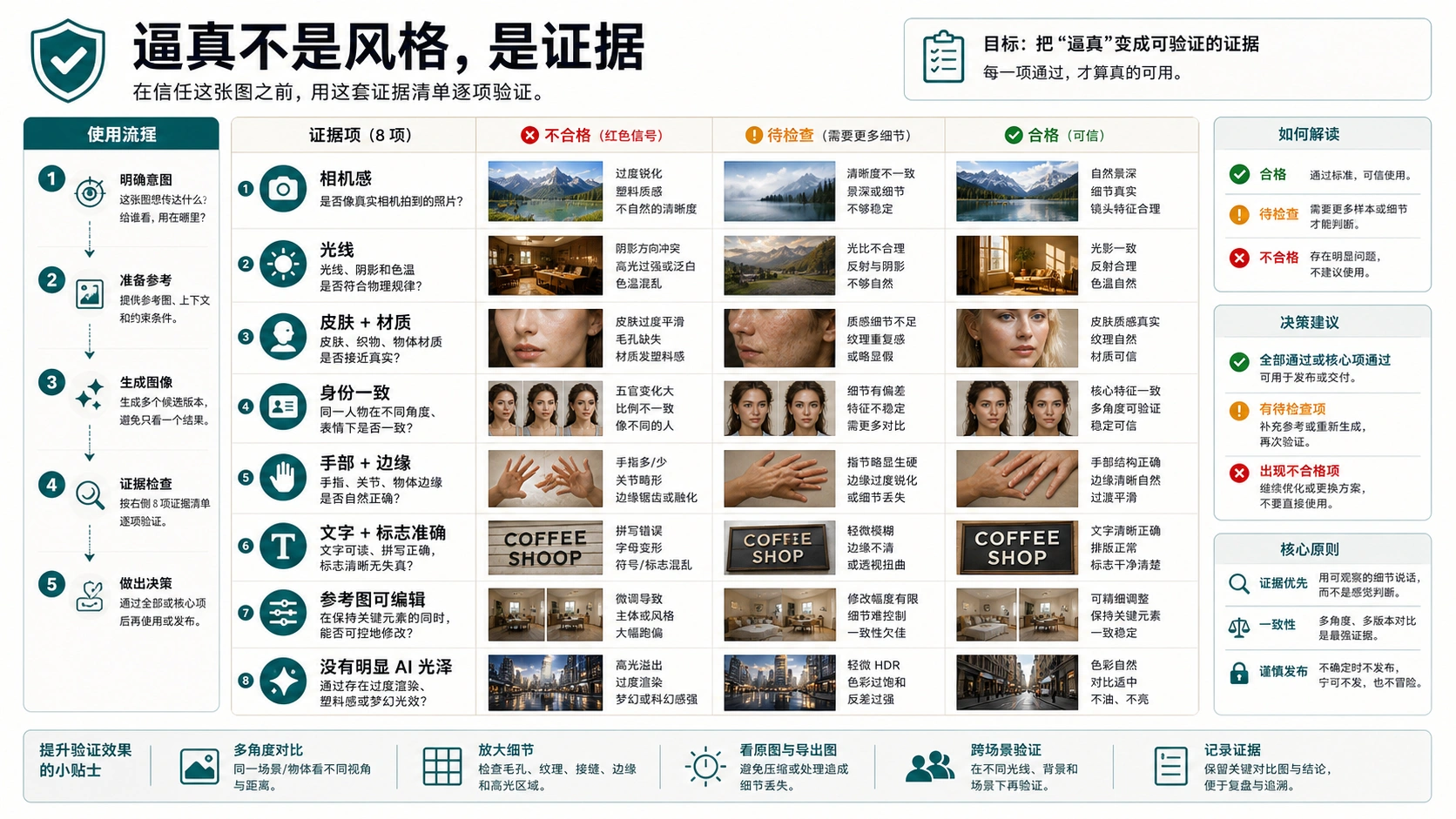 AI 图像逼真度证据矩阵，覆盖相机感、光线、皮肤材质、身份一致、文字准确和 AI 痕迹