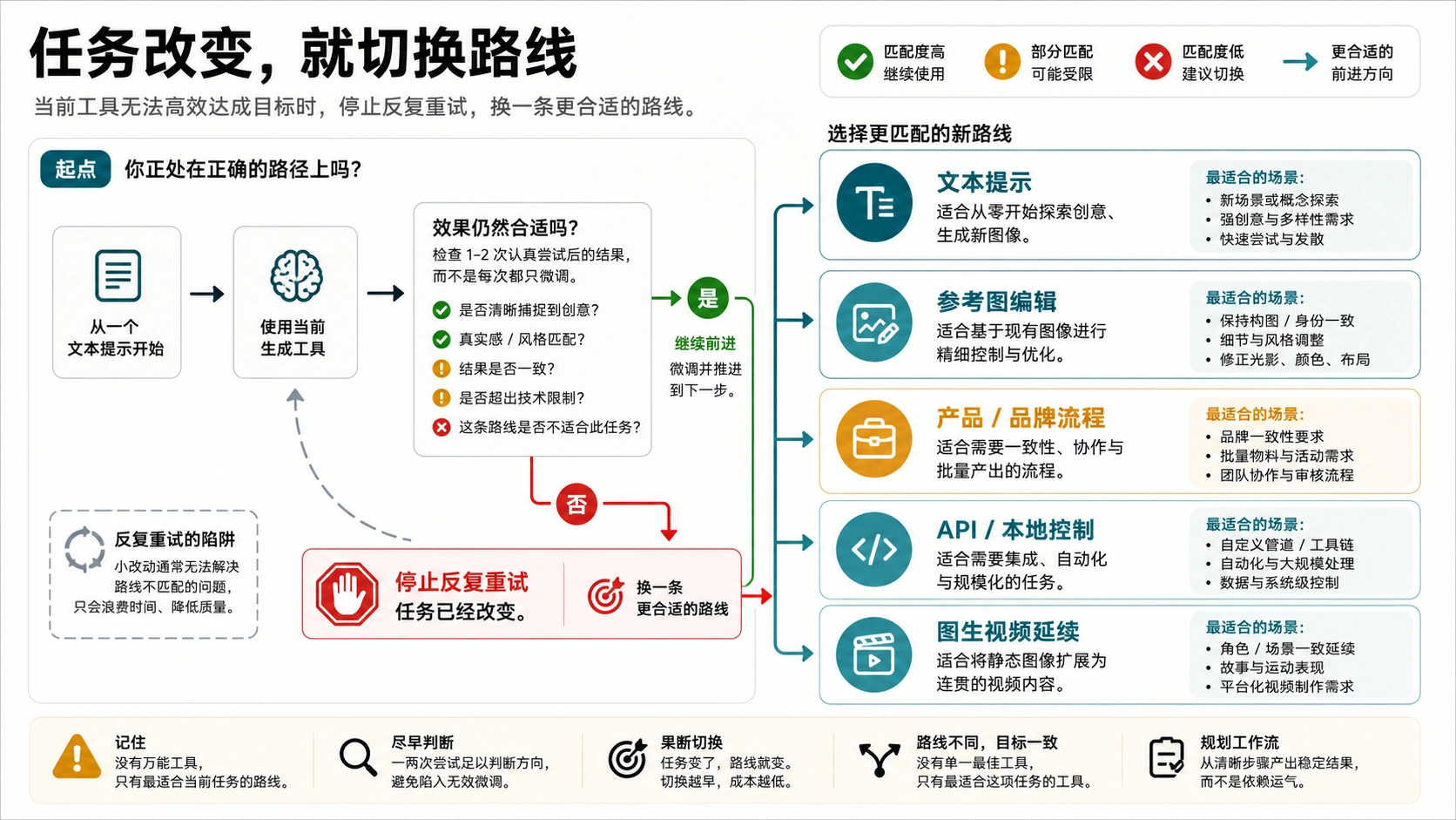 路线切换流程图，说明何时从文本提示切到参考图编辑、产品流程、API 控制或图生视频路线
