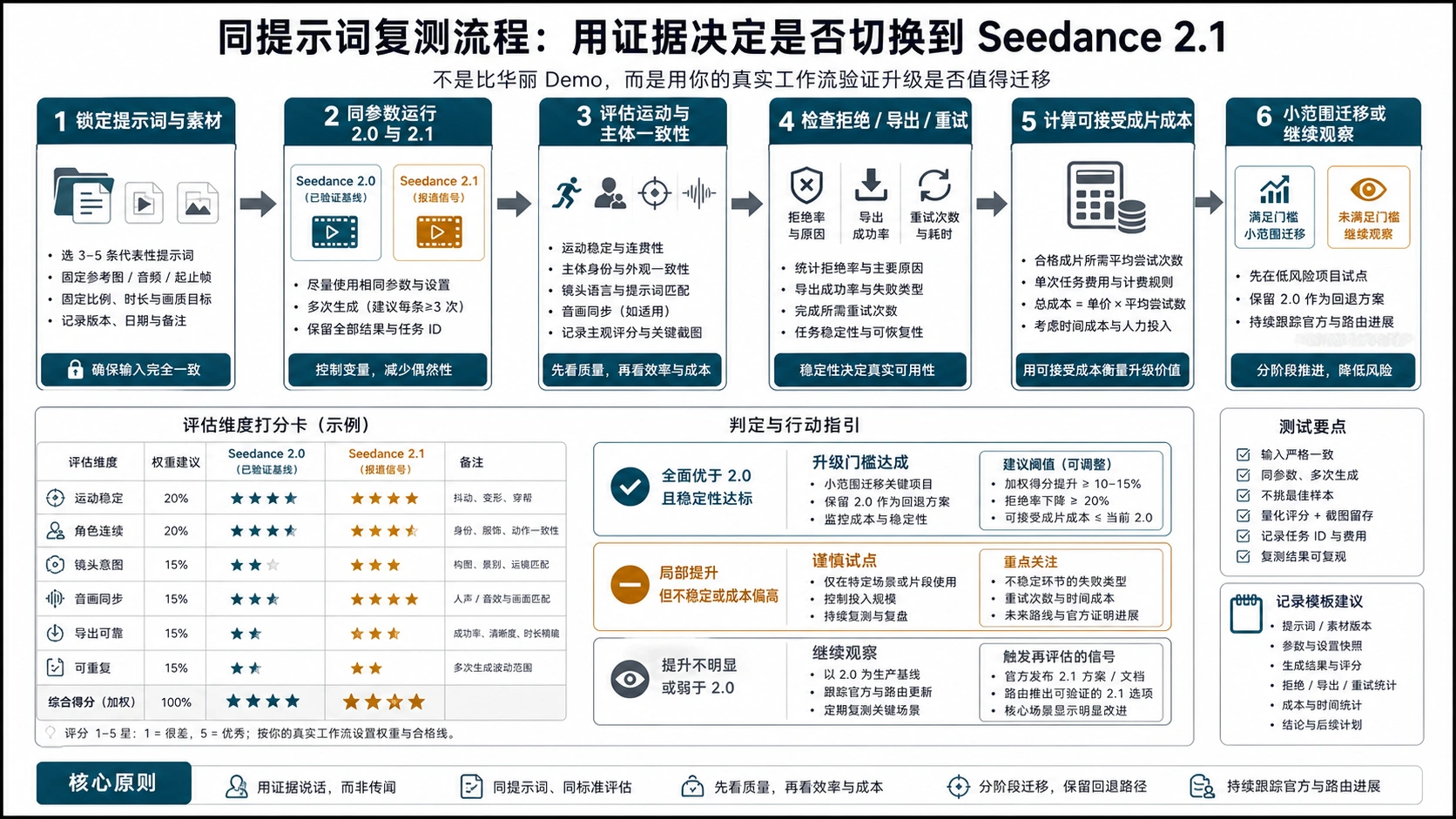 用同提示词复测 Seedance 2.0 与可验证 Seedance 2.1 路线的流程