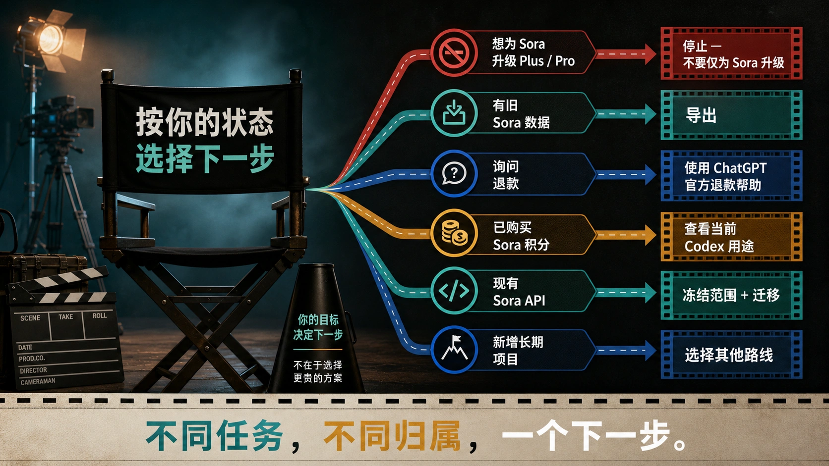Sora 2 下一步行动图：停止购买、导出、退款、处理额度、迁移 API 或选择替代路线