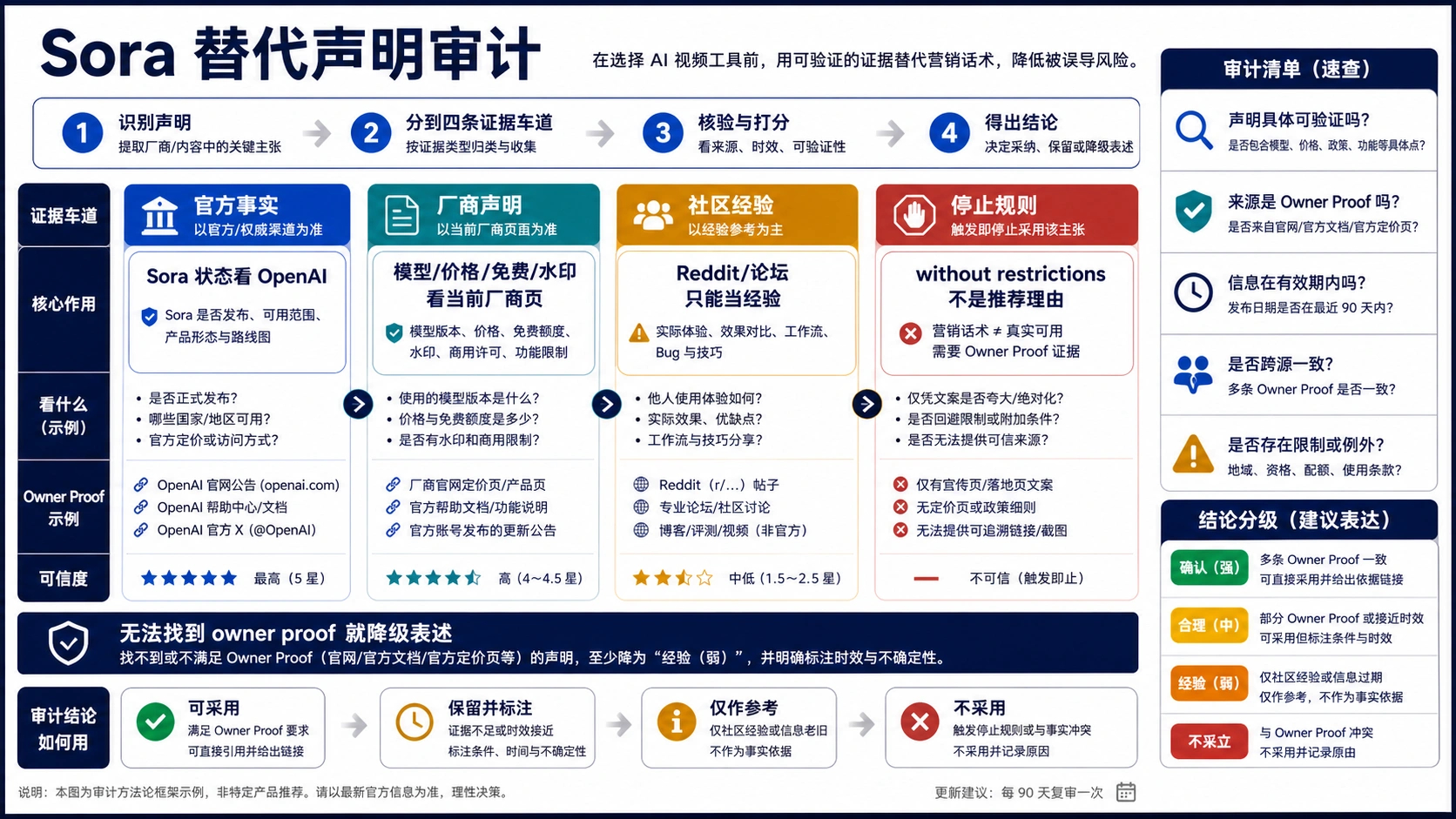 Sora 替代声明审计图，区分官方事实、厂商声明、社区经验和停止规则