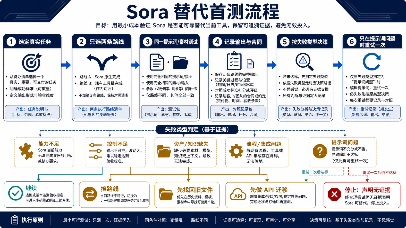 Sora 替代首测流程图，用同一提示词或素材比较两条路线并按失败类型决策