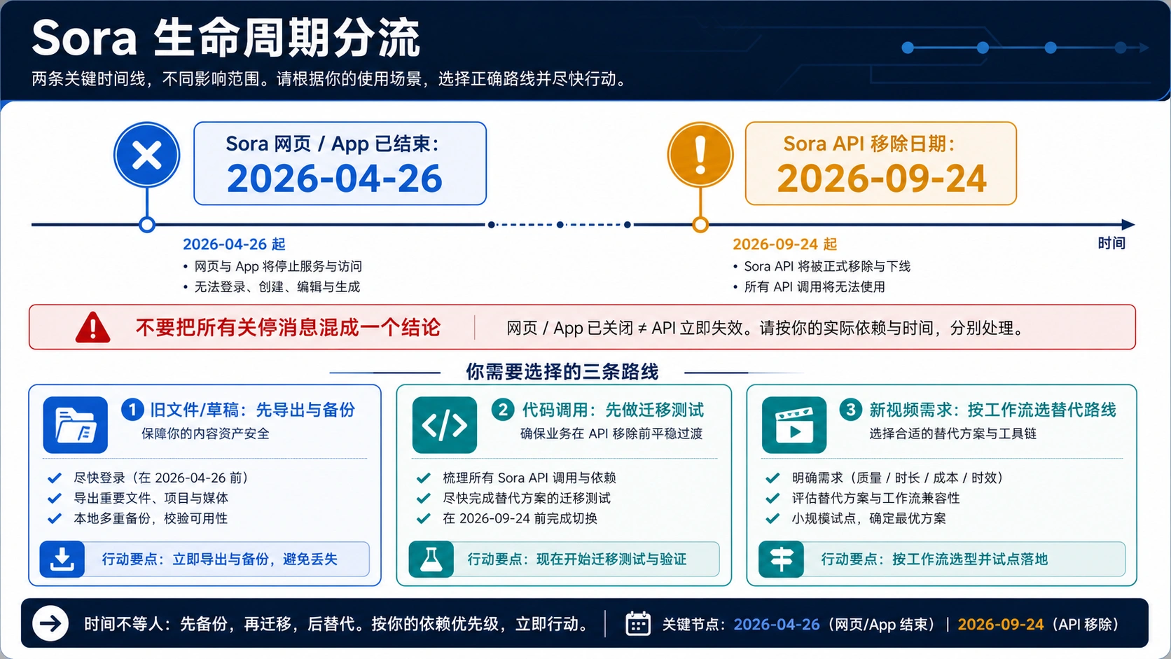 Sora 生命周期时间线，展示网页 App 结束日期、API 移除日期、找回与迁移分支