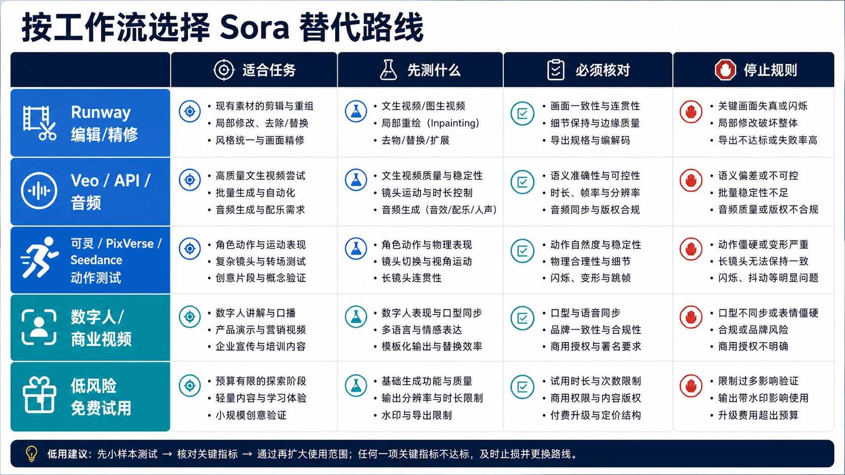 Sora 替代工作流矩阵，比较编辑、Veo API 音频、可灵 PixVerse Seedance、数字人与免费试用路线