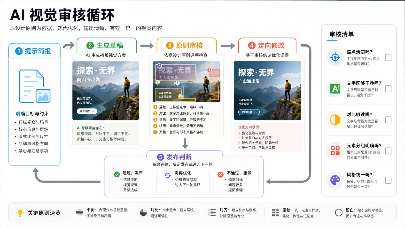 AI 视觉审核循环，展示提示简报、生成草稿、原则审核、定向修改和发布判断