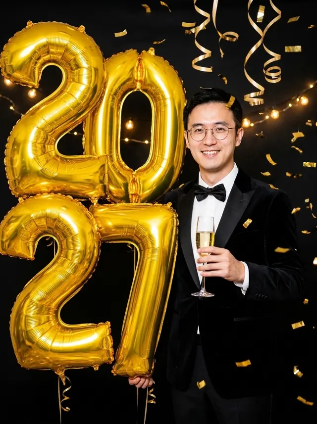 Foto de Año Nuevo con globos 2027 · Nano Banana Pro